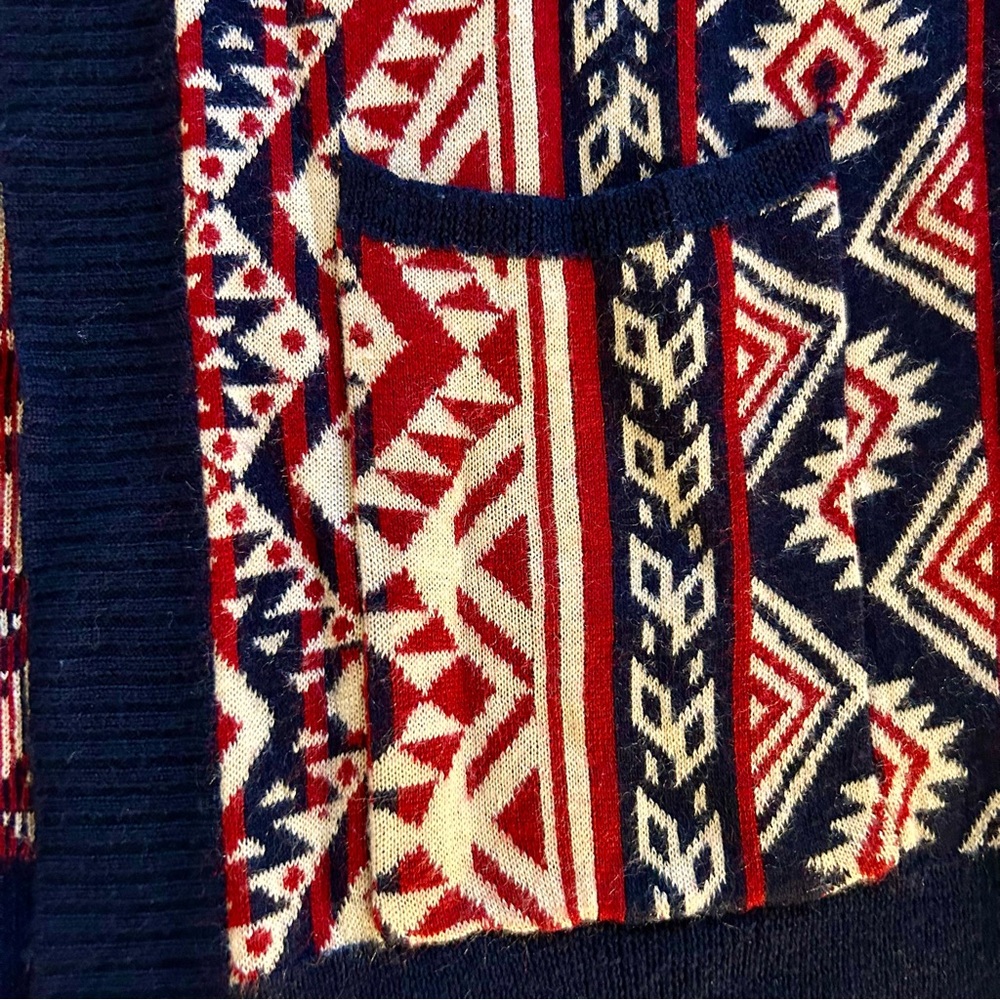 Under Skies Aztec Tribal Dark Red Navy Blue Belted Open Cardigan Size L Boho - Picture 8 of 9
